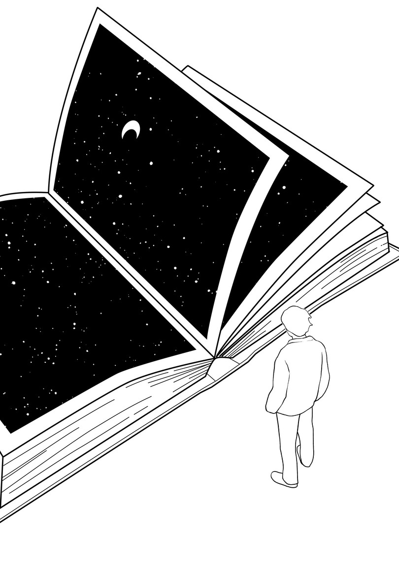 An illustration of an enormous book. It is open, and its pages are each filled with an image of a starry sky. Beside the book, a man stands and looks at the pages. The book is bigger than he is.